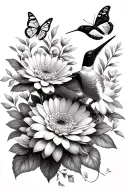 hummingbird, chrysanthemum flowers, monarch butterflies tattoo design idea