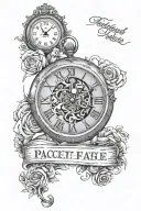 clock face with time 11:44 pm date august 20 2016 script around that says "accept the past protect the future" tattoo design idea