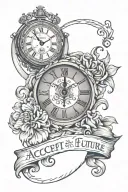 clock face with time 11:44 pm date august 20 2016 script around that says "accept the past protect the future" tattoo design idea