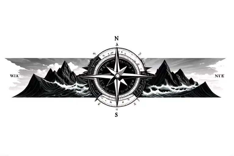 large compass with long north point surrounded by intricate geometric moutains and waves. grayscale.  tattoo design idea