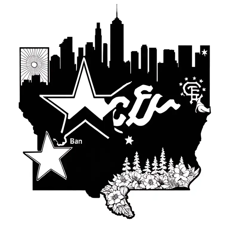 incorporate San Francisco skyline, San Francisco Giants mark, small State of Texas outline with star for Dallas, Sendai  tattoo design idea