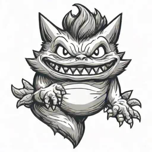 GENGAR HUGGING A MUSHROOM WITH FACE AND TINY HANDS tattoo design idea