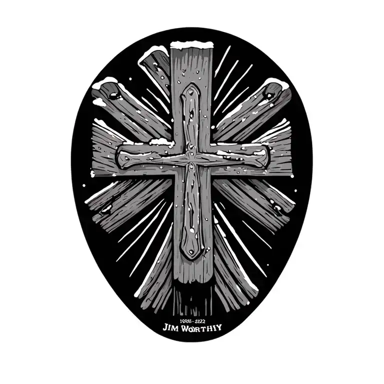 Cross made of skis in snow memorial piece for Jim Worthy with dates 1965-2022 tattoo design idea
