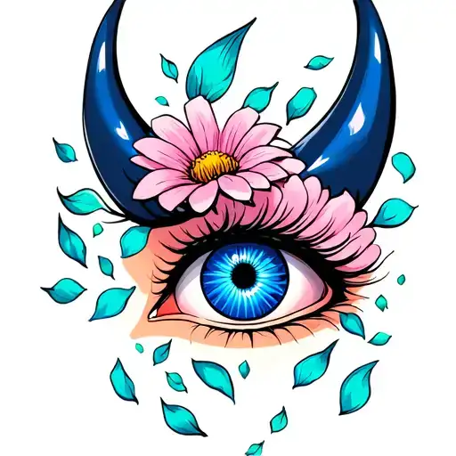 BLUE DEVILS EYE WITH FLOWER PETALS FALLING OFF tattoo design idea