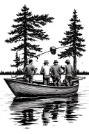 looking down, back view, father and 2 sons on each side, in a fishing boat with motor, lake fishing, trees in backgroun tattoo design idea