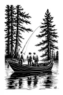 looking down, back view, father and 2 sons on each side, in a fishing boat with motor, lake fishing, trees in backgroun tattoo design idea
