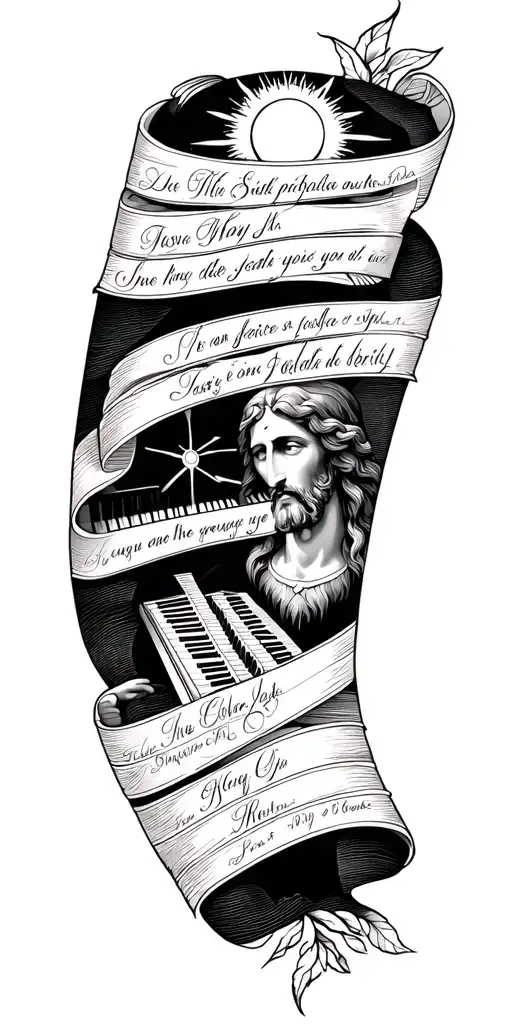 fine line tattoo with a scroll of names, quotes, a piano, Jesus Christ, a sun and a moon. tattoo design idea
