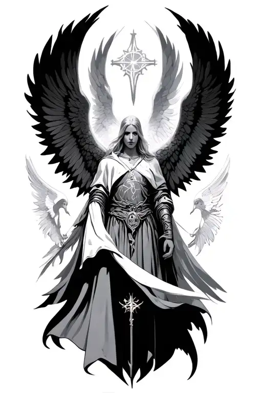 a guardian angel warrior surrounded by angelic symbols tattoo design idea