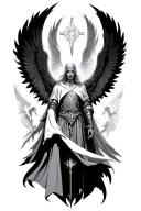a guardian angel warrior surrounded by angelic symbols tattoo design idea