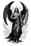 a guardian angel warrior surrounded by angelic symbols tattoo design idea