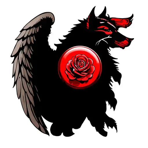a warrior simbol with an animal protector, with an angel wing, and a red rose button  tattoo design idea