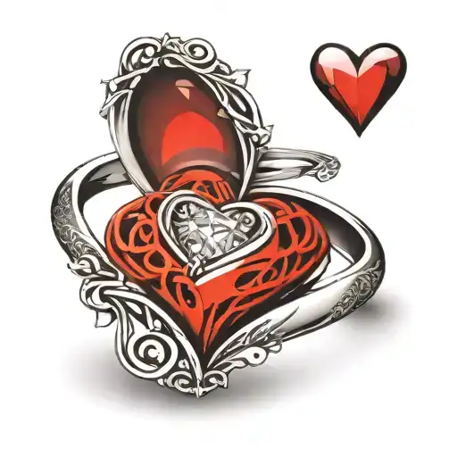 beating heart with diamond wedding rings intertwined tattoo design idea