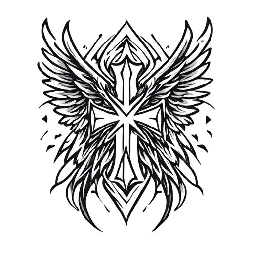 black thin line gothic tribal cyber cross with wings tattoo design idea