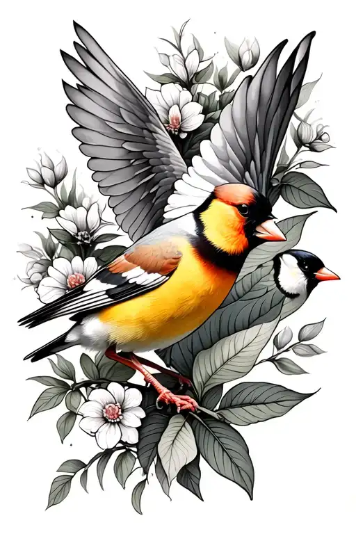 flying goldfinch and plant growing tattoo design idea