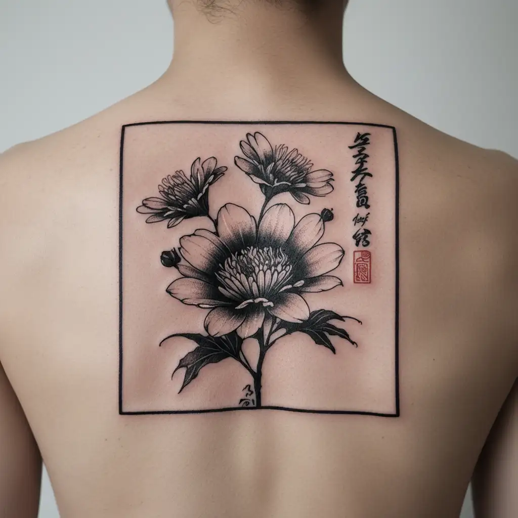 lycorys radiata flowers with a japanese kanji of "deat", "self-love" and "sadness" tattoo design idea