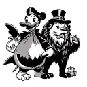 scrooge mcduck with money bag, shark and lion next to him tattoo design idea