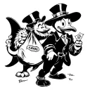scrooge mcduck with money bag, shark and lion next to him tattoo design idea