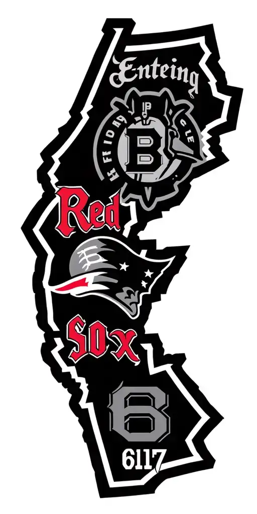 redsox, patriots bruins and celtics logos with entering boston sign and  the outline of massachusetts with 617 inside tattoo design idea