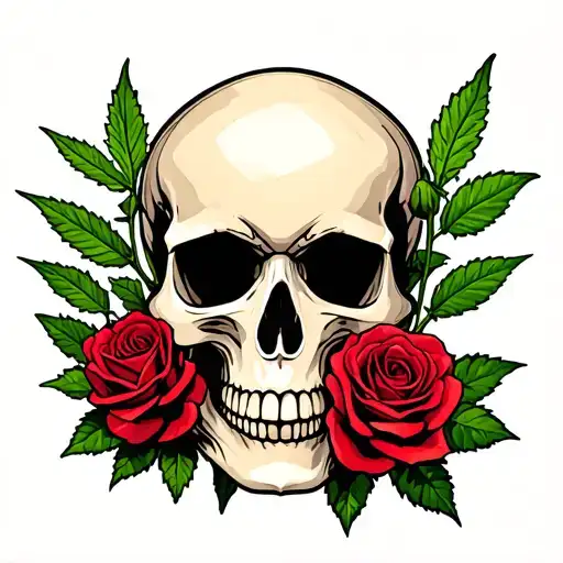 skull and rose with weed plants tattoo design idea