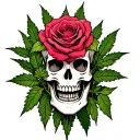 skull and rose with weed plants tattoo design idea