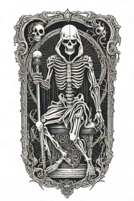 Tarot card, death. Represented as a hooded skeletal figure, posing like Baphomet tattoo design idea