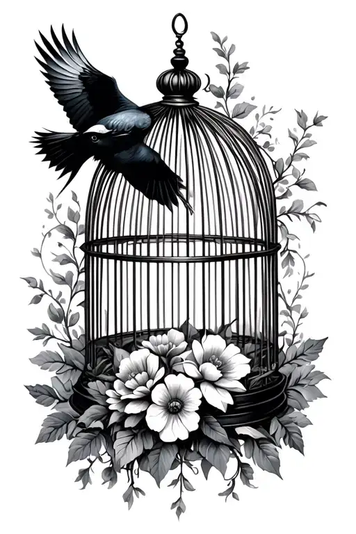 open bird cage with flowers and vines around it and a crow flying out of the cage tattoo design idea