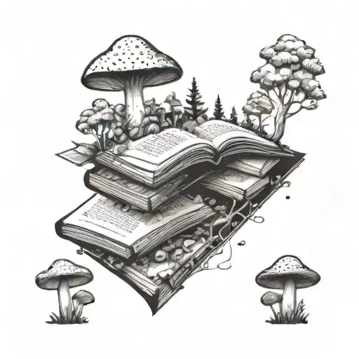 Books with mushrooms in a forest scene tattoo design idea