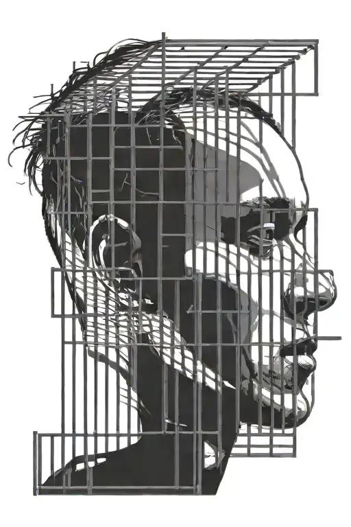 half of the rapper nf's face that blends into a cage with his house inside with a shadow person facing the other way tattoo design idea