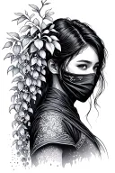wisteria flowers cascading down side profile female ninja warrior tattoo design idea