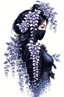 wisteria flowers cascading down side profile female ninja warrior tattoo design idea