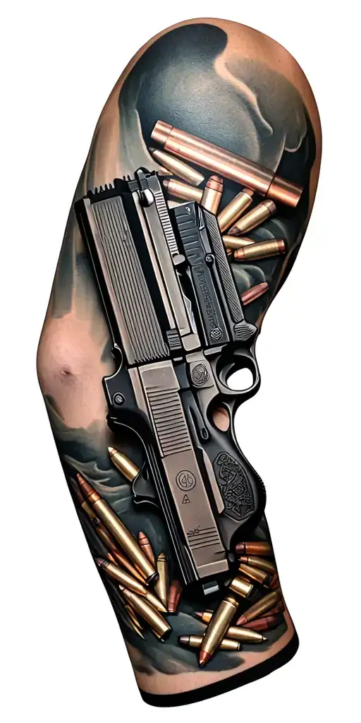 sleeve of a Glock 19, a 1911 engraved, Ar 15 with bullets in the background  tattoo design idea