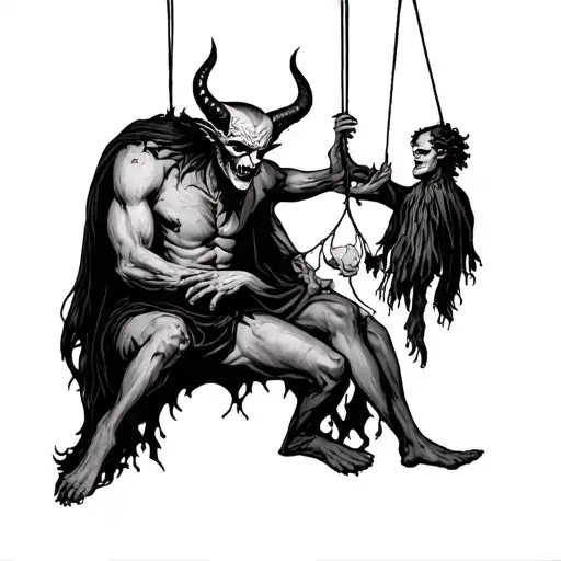 devil holding a puppet master with strings tattoo design idea