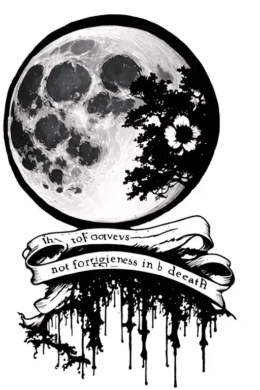 I want it to be equal to the image and have a moon behind and have the phrase of "not forigeveness in death" tattoo design idea