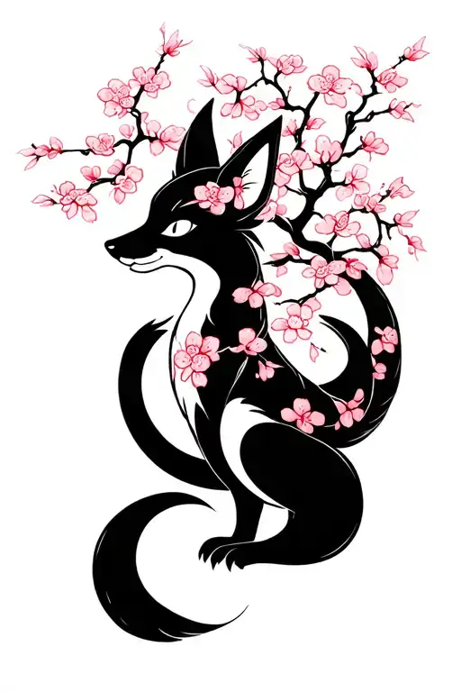 kitsune with sakura tree, showing off its nine tails tattoo design idea
