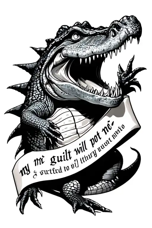 crocodile eating the words "my guilt will not purify me" tattoo design idea