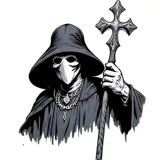 Plague Doctor wearing cross necklace holding staff of cadecses tattoo design idea