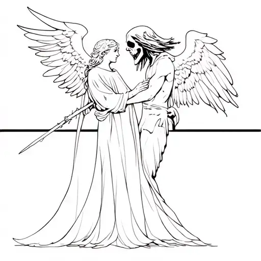 a guardian Angel battling the grim reaper holding tattoo design idea