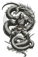 A samurai warrior facing off against a fierce dragon in battle tattoo design idea