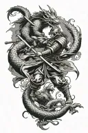 A samurai warrior facing off against a fierce dragon in battle tattoo design idea