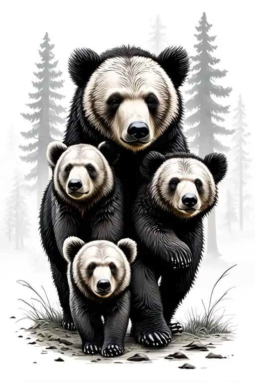3 bear cubs walking in the forest landscape tattoo design idea