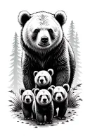 3 bear cubs walking in the forest landscape tattoo design idea