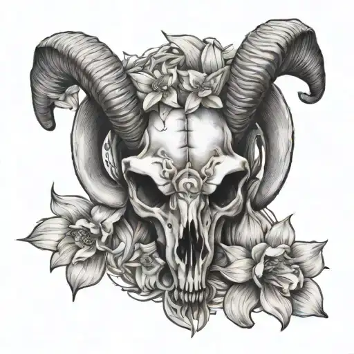 ram skull and daffodils tattoo design idea