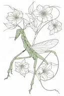 praying mantis with flowers intertwined tattoo design idea