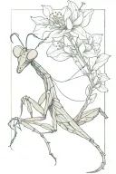 praying mantis with flowers intertwined tattoo design idea