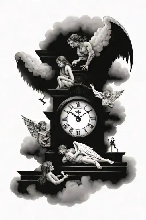 family at the base of the stairs with cloud clock and an angel tattoo design idea