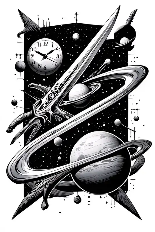 black start space, planets, time clock, sword tattoo design idea