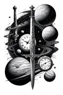 black start space, planets, time clock, sword tattoo design idea