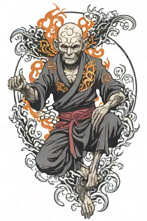 full back tattoo of a corrupted bloody undead eyeles skeletal grinning monk doing a lotus pose while his body is on fire tattoo design idea