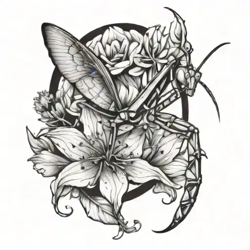 preying mantis and flower tattoo design idea