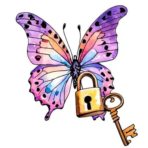 butterfly with a lock and a key in leopard pattern tattoo design idea